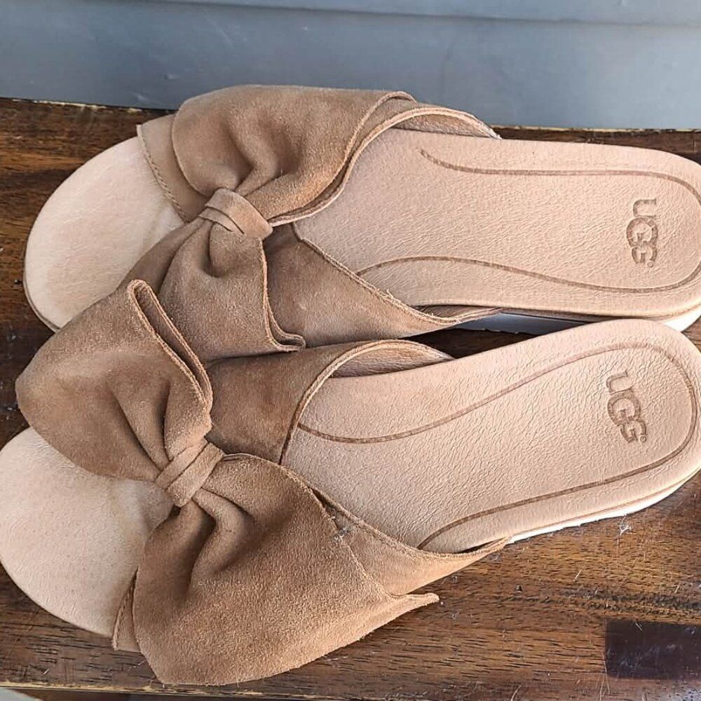 UGG Joan II Chestnut Suede Bow Platform Sandal size 8 LIKE NEW - Picture 8 of 9